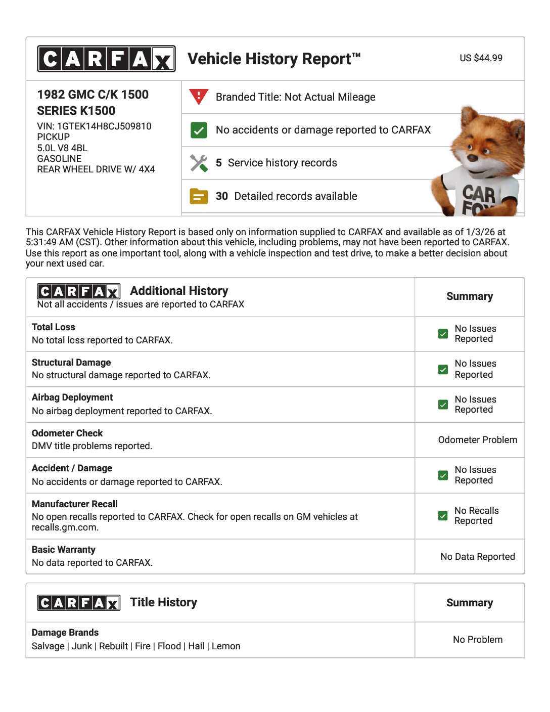 CARFAX Vehicle History Report for this 1982 GMC C_K 1500 SERIES K1500_ 1GTEK14H8CJ509810